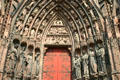 Overview of left door of Cathedral covering birth of Christ. Strasbourg, France.