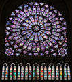 Rose window of Virgin & Child circle by old testament figures in north transept of Notre Dame Cathedral. Paris, France