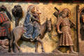 Flight into Egypt on carved stone chancel screen in Notre Dame Cathedral. Paris, France.