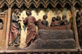 Christ appears of Apostles by Sea of Tiberius on carved stone chancel screen in Notre Dame Cathedral. Paris, France.