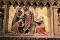 Christ appears to the holy women on carved stone chancel screen in Notre Dame Cathedral. Paris, France.
