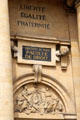 Facade detail of Faculty of Law building at Sorbonne University on Place du Panthéon. Paris, France.