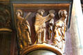 Restored gilded saints on column capital at St-Germain-des-Prés. Paris, France.