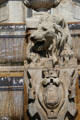 Lion statue over shield of city of Paris on St-Sulpice fountain. Paris, France