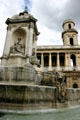 St-Sulpice fountain with St-Sulpice church beyond. Paris, France.