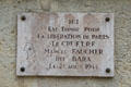 Plaque marking spot where French Resistance fighter Marcel Faucher died on Aug. 21, 1944 at Place du Châtelet. Paris, France.