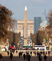 Place de la Concorde Obelisk, Champs Élysées, Arc du Triomphe & highrises of La Defense compressed in telephoto shot. Paris, France