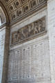 Engraved names of military leaders of French Revolution & Empire at Arc du Triomphe. Paris, France.