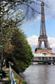 Eiffel Tower over Seine & Metro bridge from L'île aux Cygnes. Paris, France.