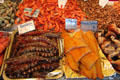 Shrimp & fish slices in fish shop. Paris, France.