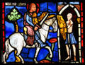 Knight on horseback stained glass window at Cluny Museum. Paris, France.