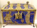 Enameled copper box with arms of Canilhac family from Languedoc or Provence at Cluny Museum. Paris, France