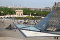 Highrises of La Defense, Arc de Triomphe du carrousel & Pyramid of Louvre Palace. Paris, France