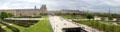 Panorama of Tuileries gardens & Flore Pavilion of Louvre Palace before Les Invalides & Eiffel Tower. Paris, France.