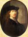 Self-portrait in toque with architectural background by Rembrandt at Louvre Museum. Paris, France.