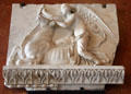 Marble relief of Victory sacrificing a bull from Rome at Louvre Museum. Paris, France.