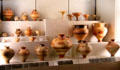 Collection of Greek terracotta vessels mostly from Rhodes at Louvre Museum. Paris, France.