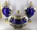 Sèvres porcelain components used for blue vessels with white goats & gold trim at Sèvres National Ceramic Museum. Paris, France.