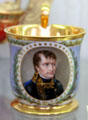 Sèvres porcelain chocolate cup with portrait of Napoleon Bonaparte by Jean-Baptiste Isabey at Sèvres National Ceramic Museum. Paris, France.