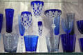 Baccarat blue cut glass goblets at Baccarat Museum. Paris, France.