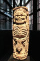 Stone statue column of death skeleton from Yucatan, Mexico at Musée du quai Branly. Paris, France.