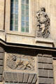Carvings of lion & female figure on main facade of Carnavalet Museum. Paris, France.