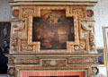 Inset painting in ornate fireplace mantel at Carnavalet Museum. Paris, France.
