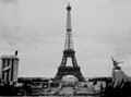 Eiffel Tower between tall German & USSR pavilions seen from Trocadero at Exposition Paris 1937. Paris, France.