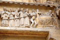 Bishops, rich & kings being thrown into burning vats of hell in Last Judgment scene on Reims Cathedral. Reims, France.