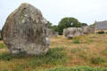 Megalith with farm house in background. Carnac, France.