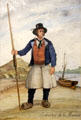 Painting of Gabarier de la Rance who were Breton boatmen who transported firewood by River at St Malo Museum. St Malo, France