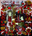 Two Breton women beside tree with birds painting on ceramic tile by Dodik Jégou. St Malo, France.