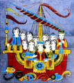 Queen & court on Breton ship painting on ceramic tile by Dodik Jégou. St Malo, France