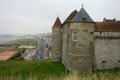 Round towers of Dieppe Castle above town. Dieppe, France.