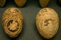 Bone oval boxes with microscopically carved details at Dieppe Castle Museum. Dieppe, France.