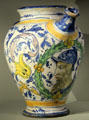Spouted earthenware water jar by workshop of Masséot Abaquesne of Rouen at Rouen Ceramic Museum. Rouen, France.