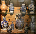 Germanic salt glaze stoneware steins & pitchers at Rouen Ceramic Museum. Rouen, France.