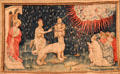Beast of the earth causes fire to fall from heaven from Apocalypse Tapestry at Angers Chateau. Angers, France.