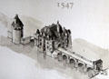Drawing of bridge addition Diane de Poitiers had built to facilitate new garden on far bank at Chenonceau Chateau. Project including unbuilt galleries were designed by Philibert de l'Orme. Chenonceau, France.