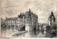 Chenonceau Chateau antique graphic showing tower, chapel facade & Medici bridge galleries. Chenonceau, France.