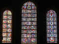 Stained glass under west rose window of birth & youth of Jesus at Chartres Cathedral. Chartres, France.