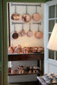 Collection of copper casseroles & cake pans at Cheverny Chateau. Cheverny, France.