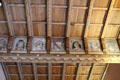 Portraits on wood on interior court beam moved from Italian castle at Villa Ephrussi de Rothschild. Saint Jean Cap Ferrat, France.