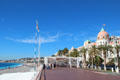 View of sea, beach & luxury hotels from Promenade des Anglais. Nice, France.
