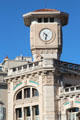 Detail of clock tower & ornate building seen from Promenade du Paillon. Nice, France.
