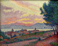 View of St. Tropez at sunset in pine woods painting by Paul Signac at Museum of the Annonciade. St Tropez, France.