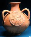 Terra cotta jug with horses & handler at Gallo Roman Museum. Lyon, France.