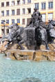 Bartholdi fountain depicts France on chariot controlling horses symbolizing four great rivers of France presented at Exposition Universelle of 1889. Lyon, France.