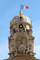 Clock tower atop Lyon City Hall at Place des Terreaux. Lyon, France.