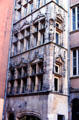 Sculpted facade of antique building in Lyon. Lyon, France.